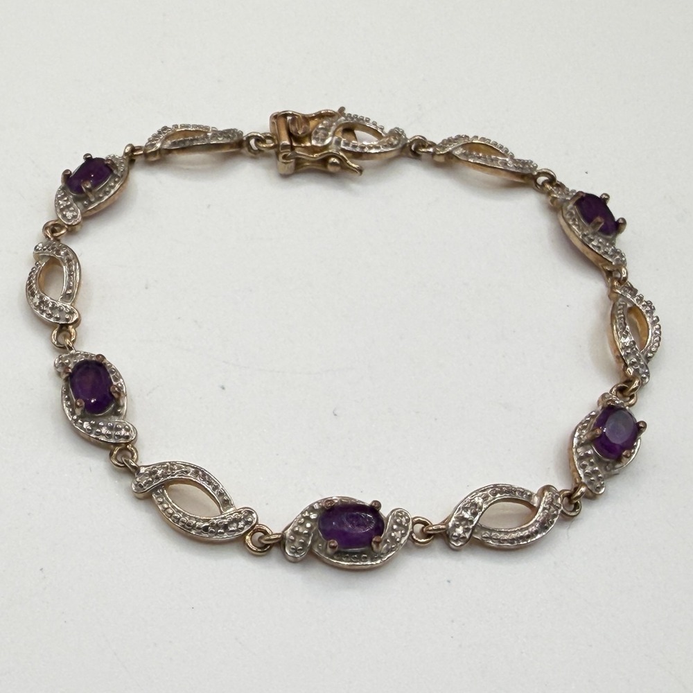 Purple Oval Stone Link Bracelet Two Tone Silver & Gold Tone Vintage Romantic